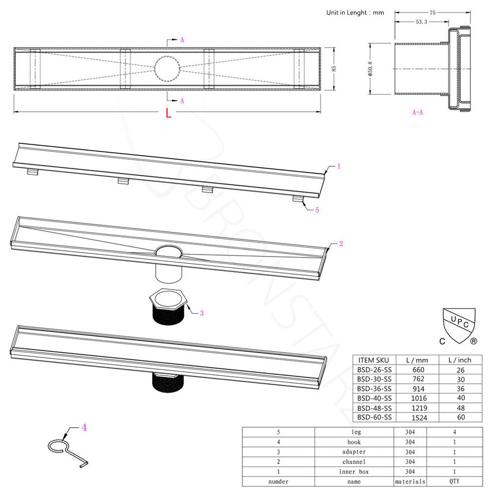 Bronstarz Tile Insert 304 Stainless Steel Linear Shower Drain, 26"