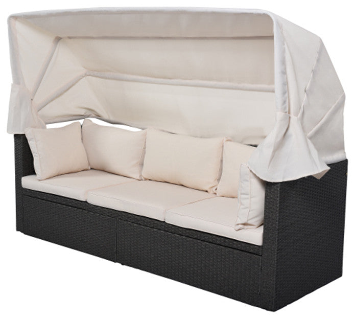 Outdoor Patio Rectangle Daybed With Retractable Canopy Wicker Furniture Sectiona