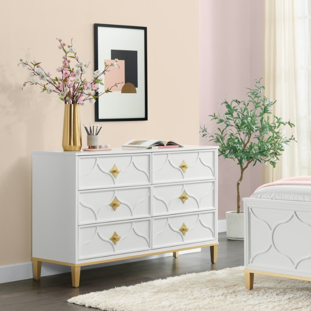 Emma 6-Drawer Dresser, White and Gold