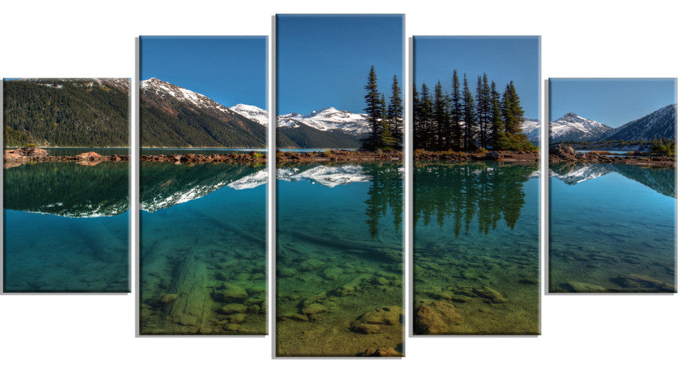 Row of Pine Trees and Mountain Lake, Landscape Canvas Print, 60"x32", 5 Panels