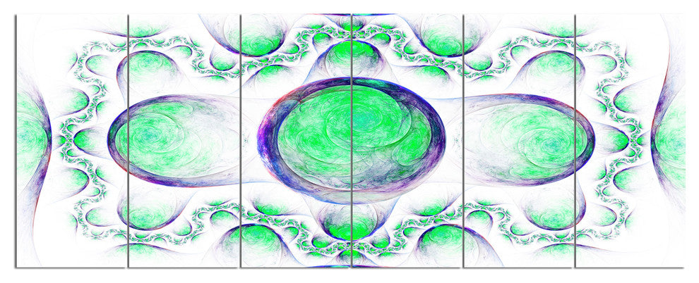 Green Exotic Pattern on White, Abstract Art on Canvas, 70"x28", 6 Panels