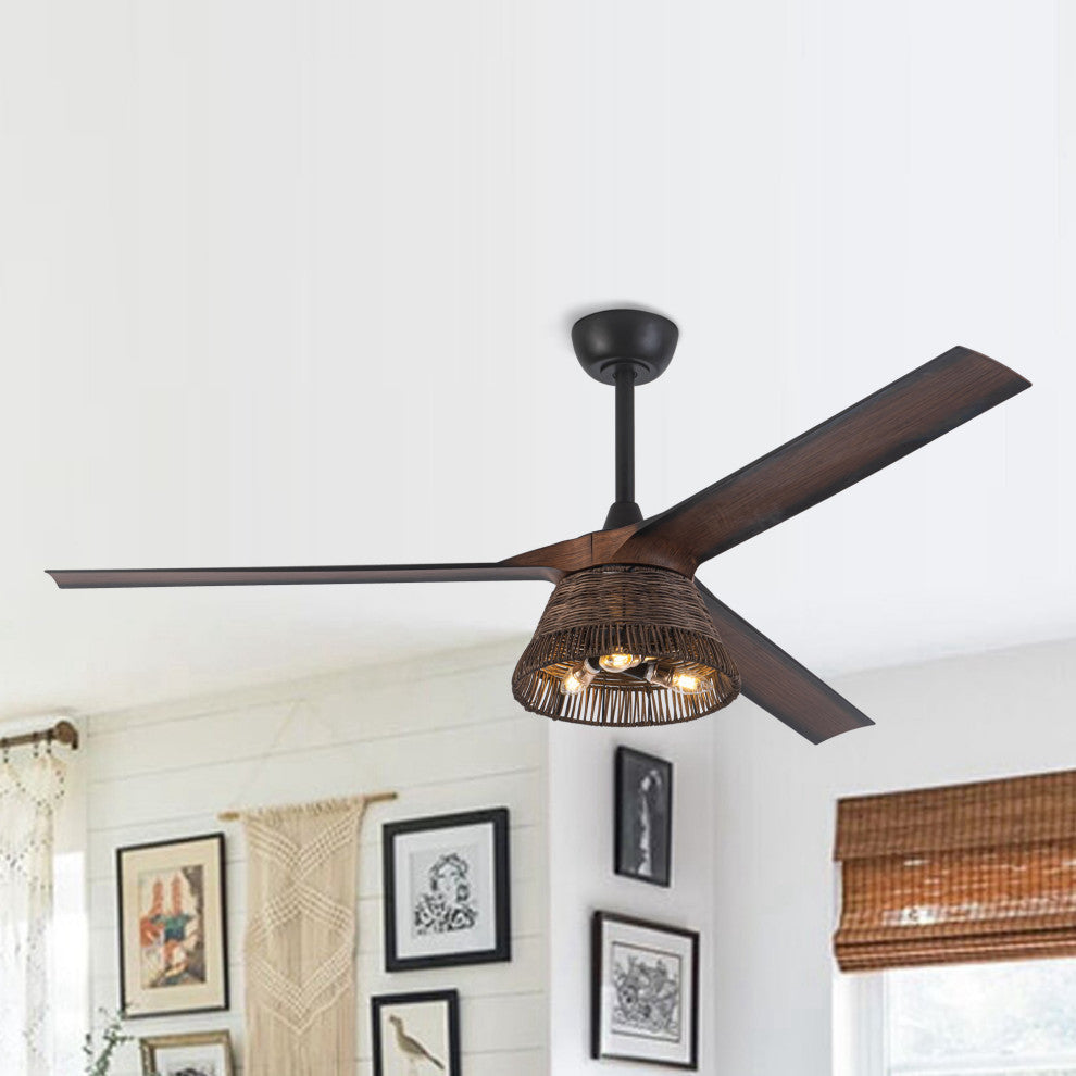 60 in Indoor Rustic Brown Rattan Ceiling Fan with Light Kit and Remote Control