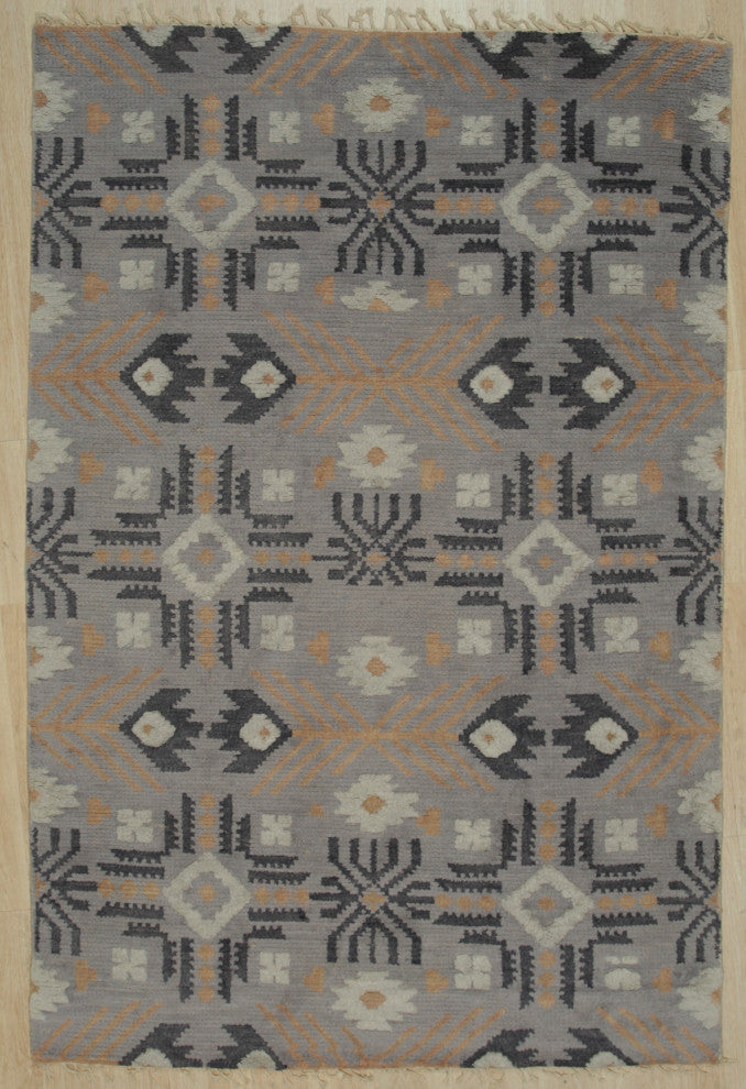 Hand-Knotted Wool Gray Traditional Geometric Piled American Rug, 8'' X 10