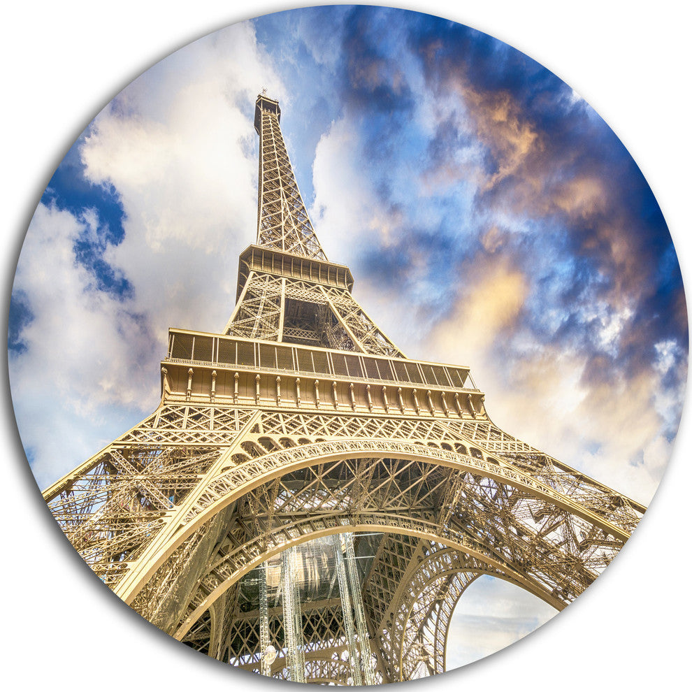 Dramatic Sky Over Ground View Paris Eiffel Tower, Round Wall Art, 11"