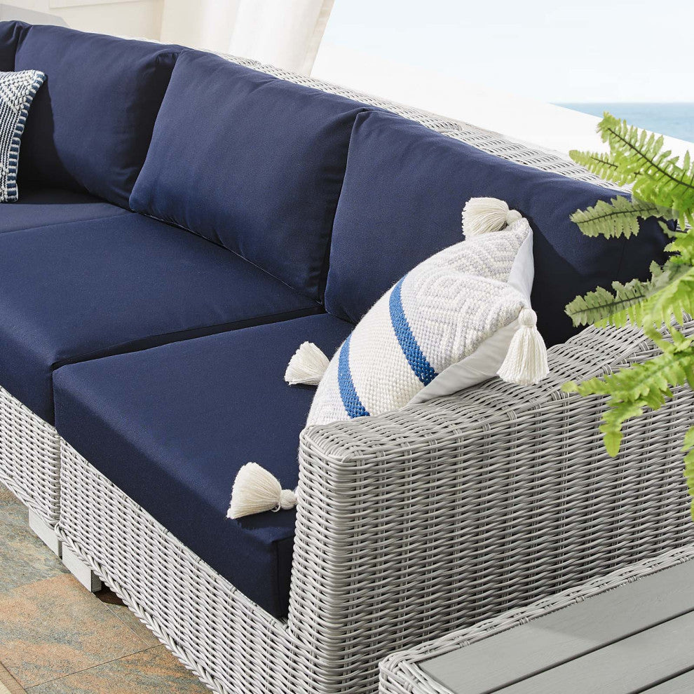 Lounge Sectional Sofa Chair Table Set, Rattan, Gray Blue Navy, Outdoor