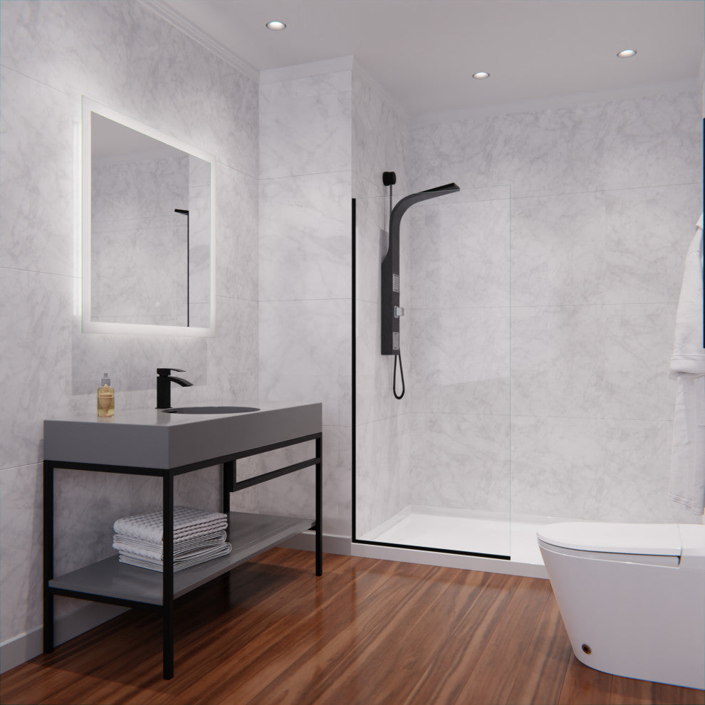 Veil Series 74"x34" Framed Frosted Glass Shower Screen Shower Door, Matte Black