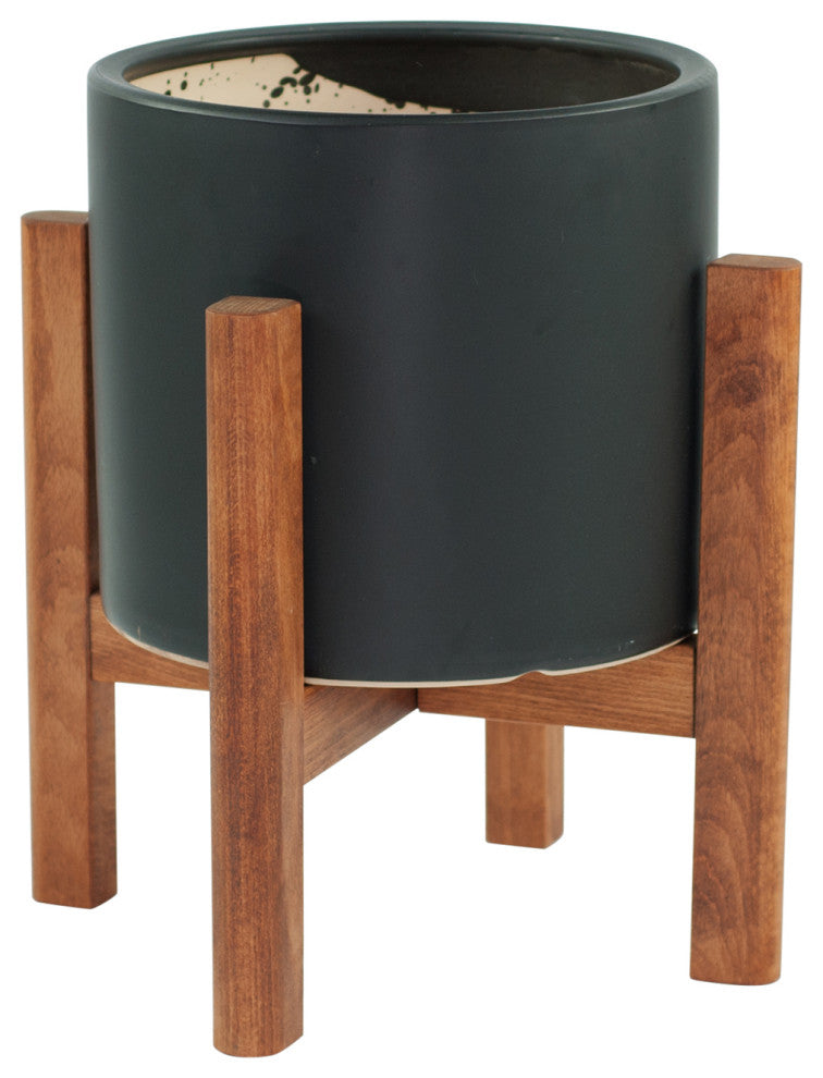 Large Ceramic Planter Cylinder Pot 10'' Black With Plant Stand Walnut Color