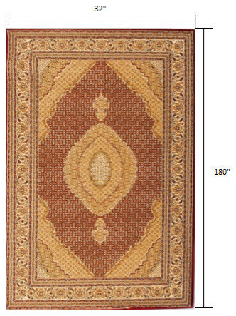 3" x 15" Red and Beige Medallion Runner Rug