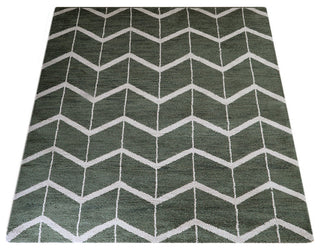 Hand Knotted Wool Area Rug Geometric Green Beige