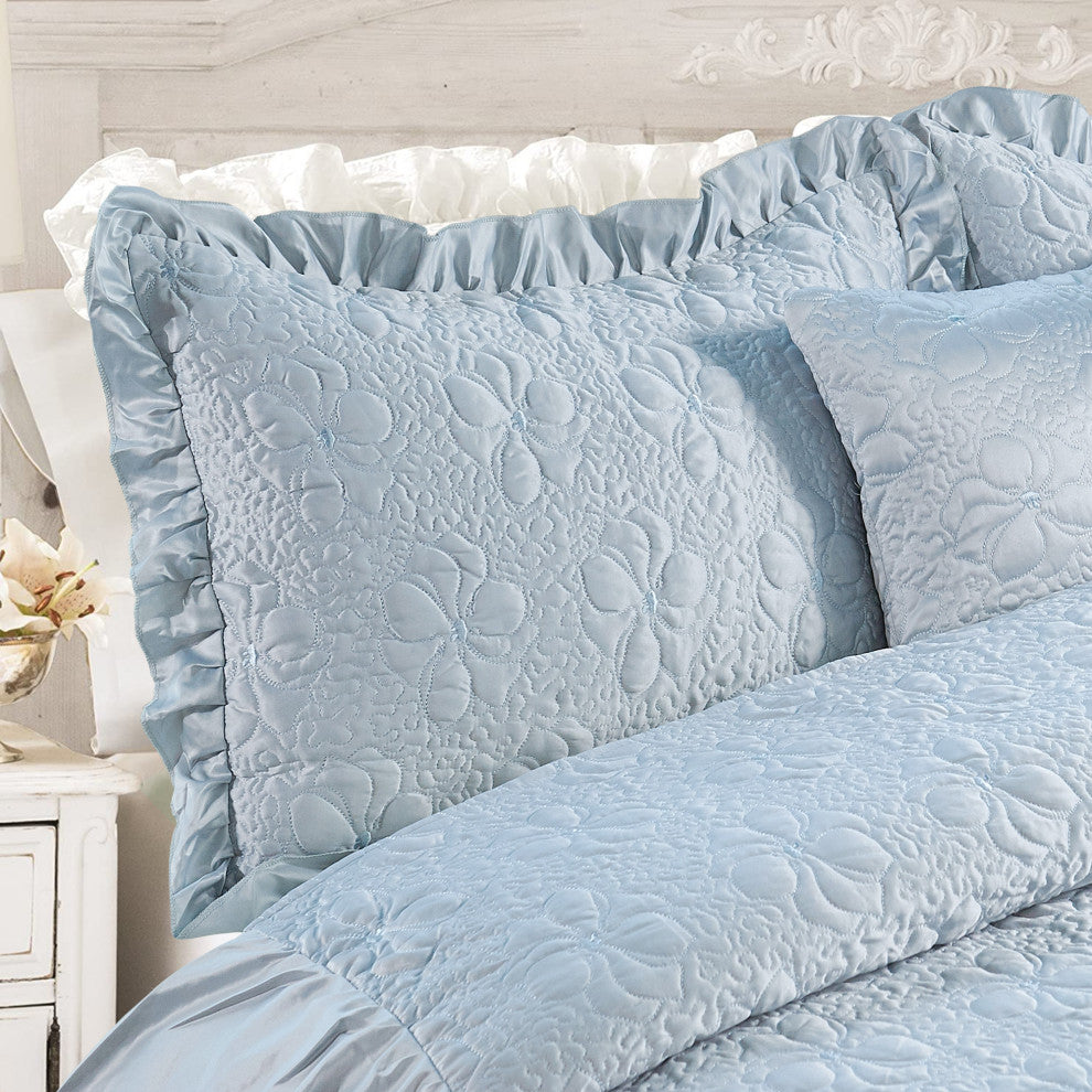 Matte Satin Ruffle 4 Piece Bed Spread Set, Light Blue, Queen