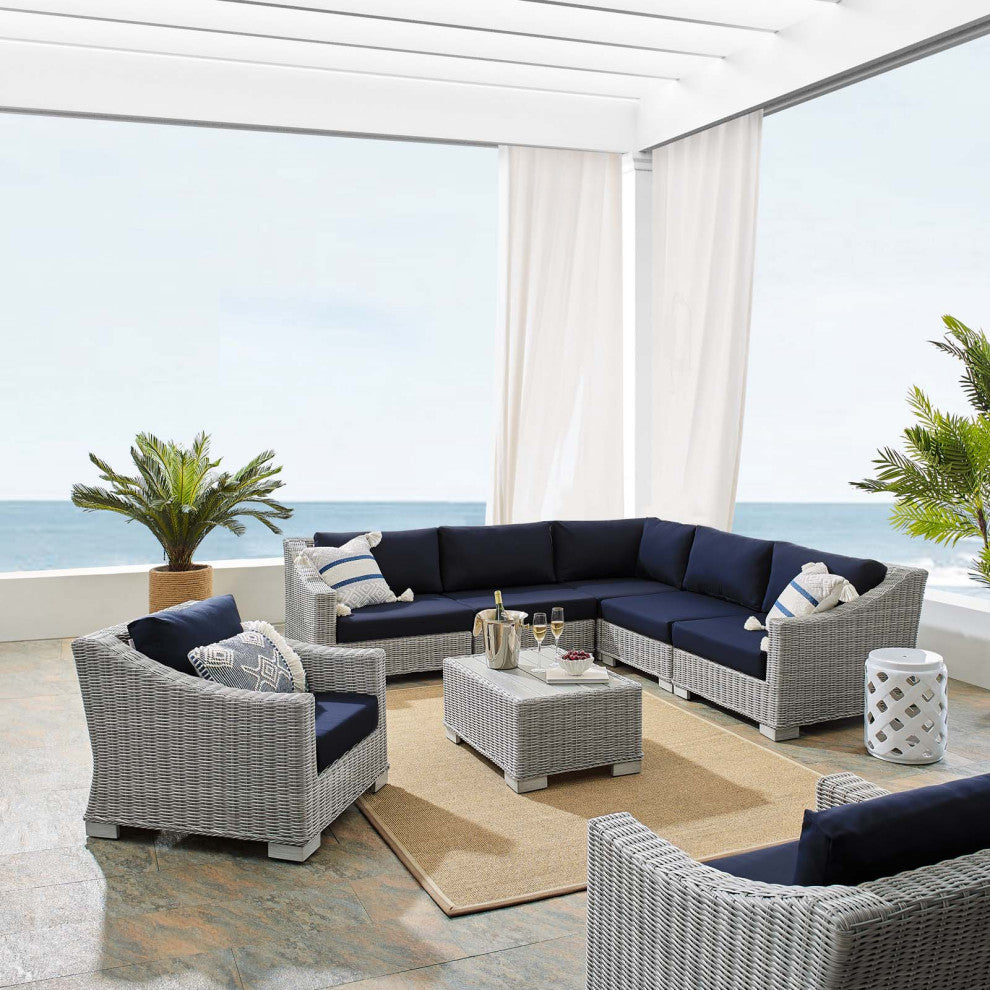 Lounge Sectional Sofa Chair Table Set, Rattan, Gray Blue Navy, Outdoor