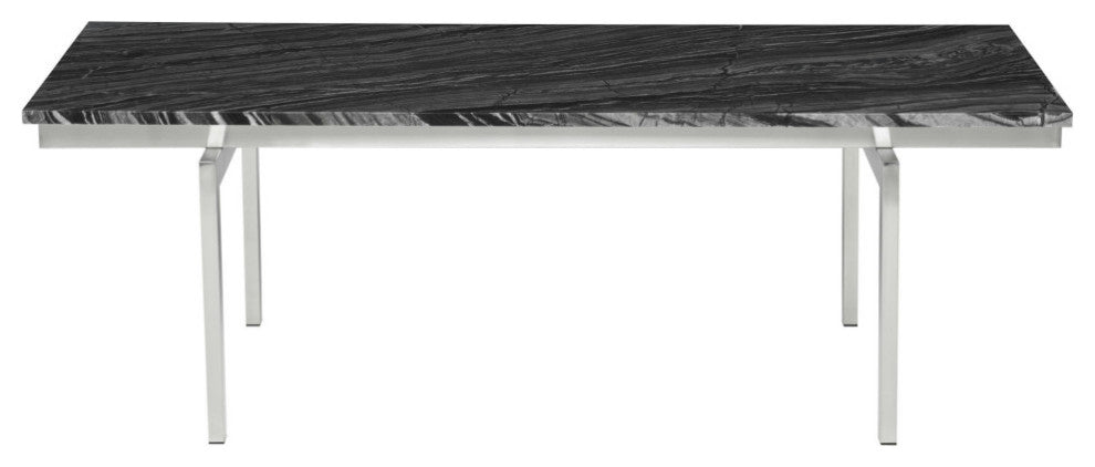Louve Rectangle Coffee Table, Rectangular Black Marble Top, Brushed Steel Base