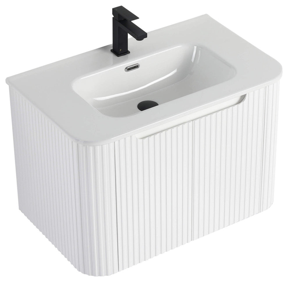 Caskvalley Bath Vanity, Straight Fluted Design Sink Included, White, 30"