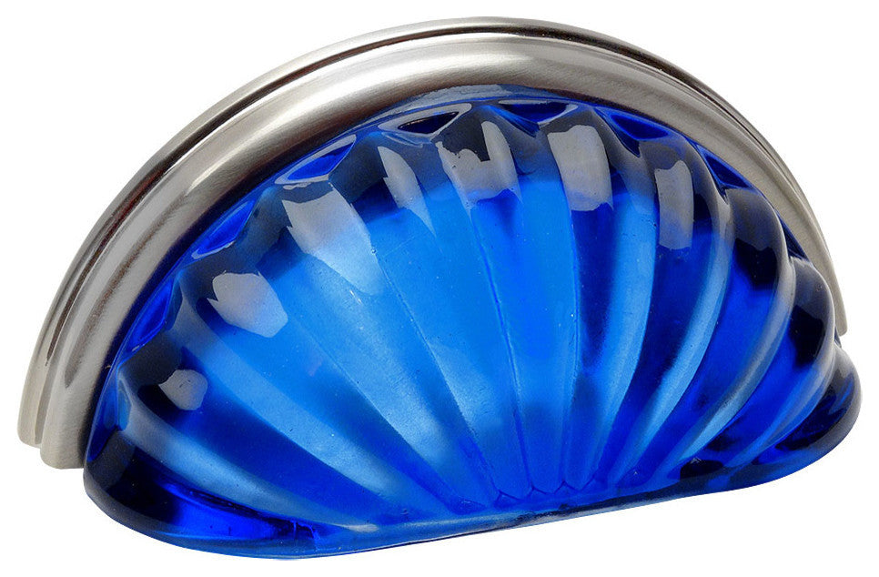 Real Glass Cabinet Cup Pulls with 3" Centers by Cosmas, Blue Glass, Satin Nickel