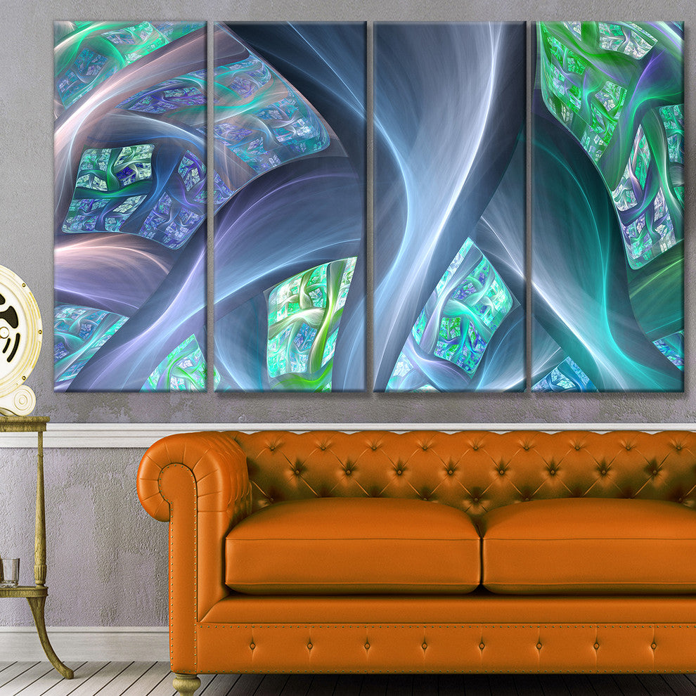 Blue Fractal Exotic Plant Stems, Abstract Canvas Art Print, 48"x28", 4 Panels