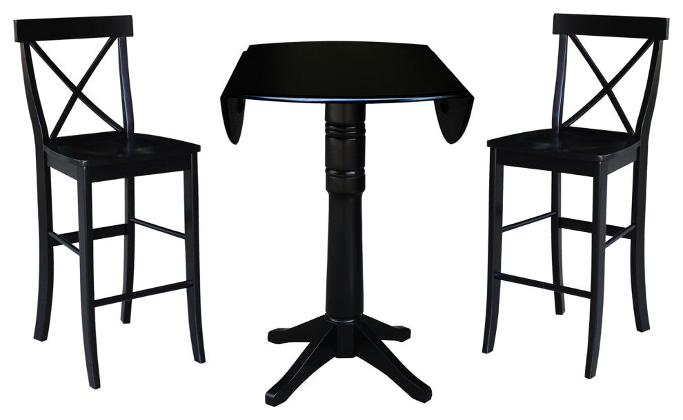 42" Round Pedestal Bar Height Table with 2 Bar Height Stools, Black
