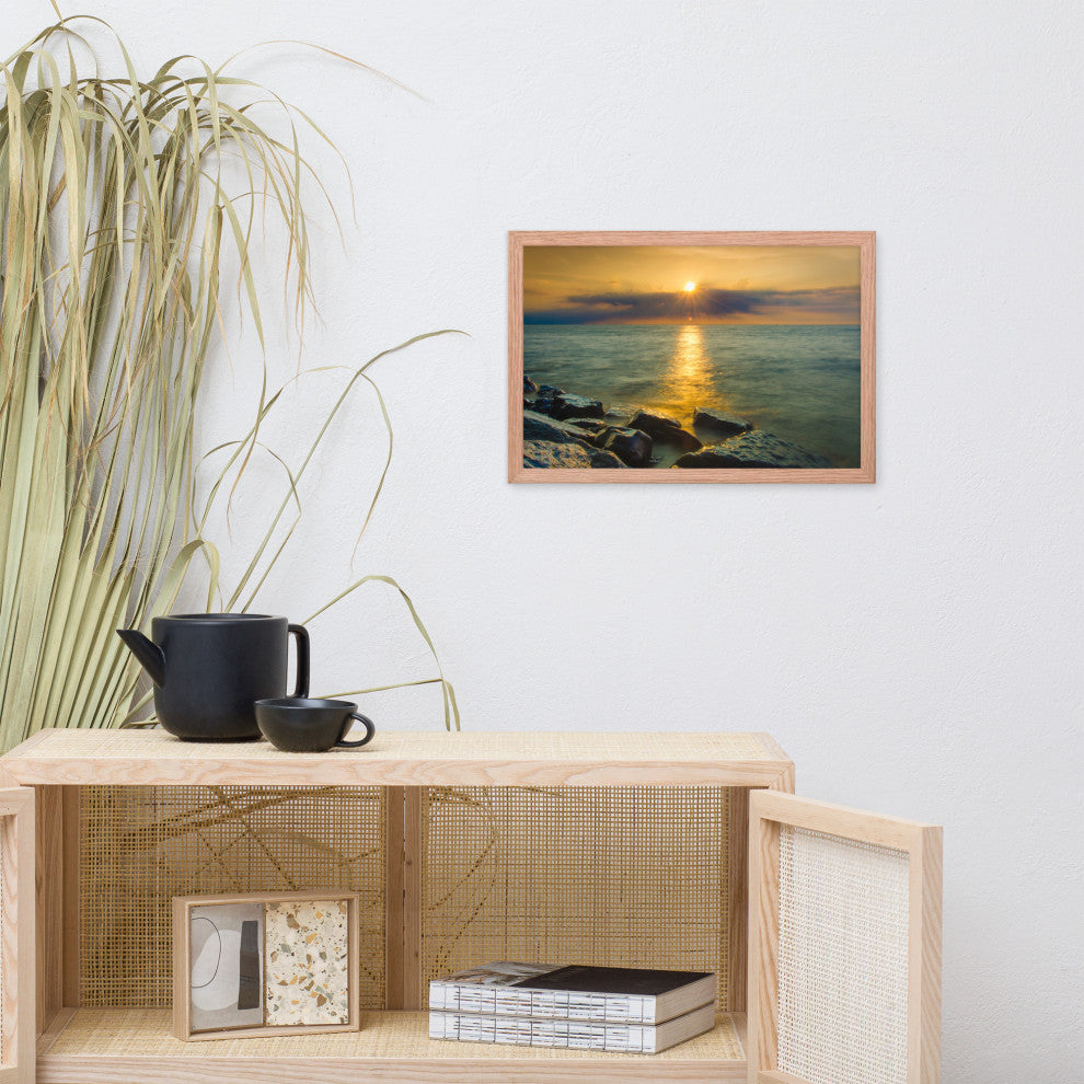 Sun Ray on the Water Coastal Landscape Framed Photo Paper Wall Art Print, Red Oak, 12" X 18"