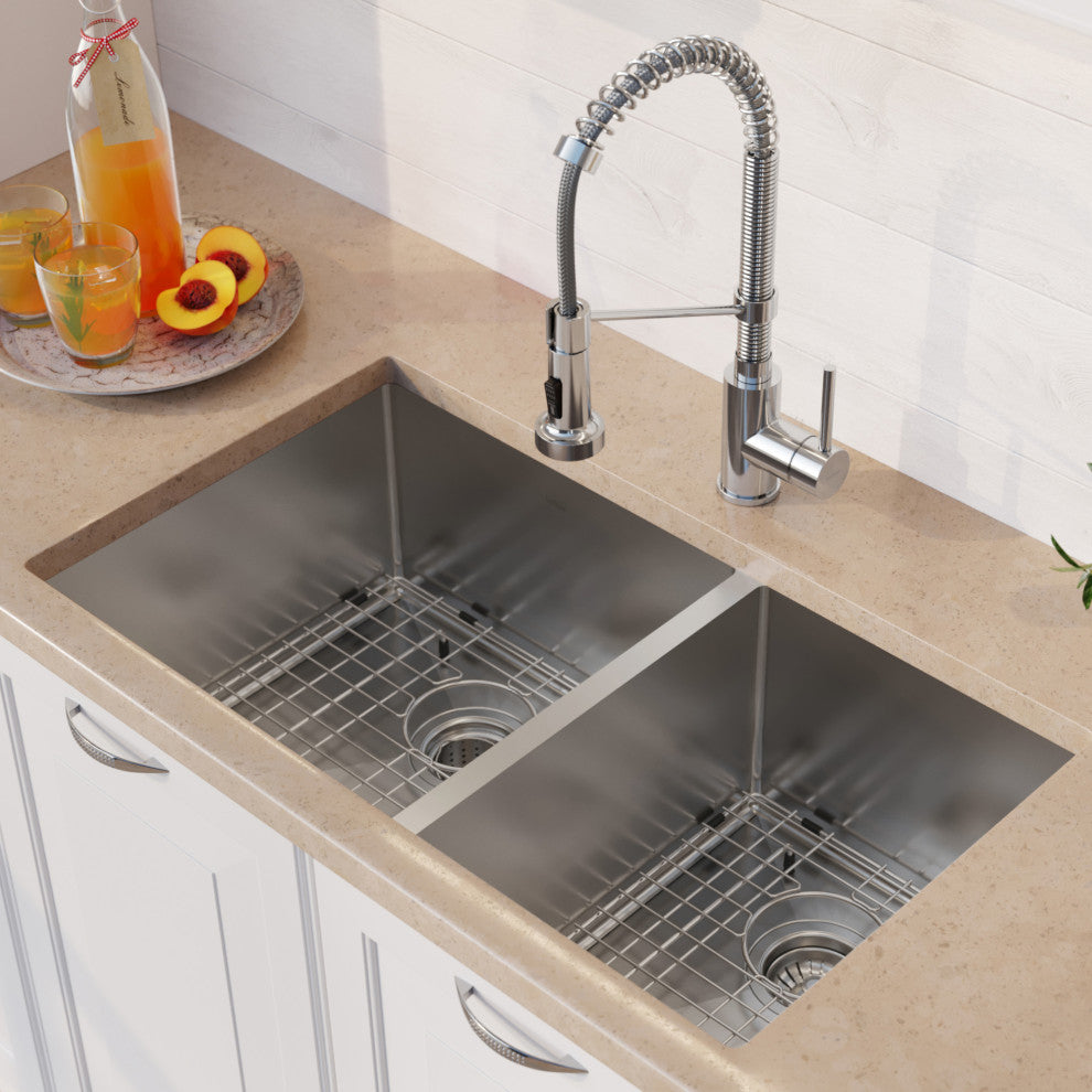 33" Undermount Stainless Steel Kitchen Sink, Pull-Down Faucet CH, Dispenser