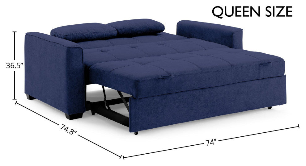Nantucket Pull-Out Chenille Sleeper Sofa With Accent Pillows, Navy, Queen