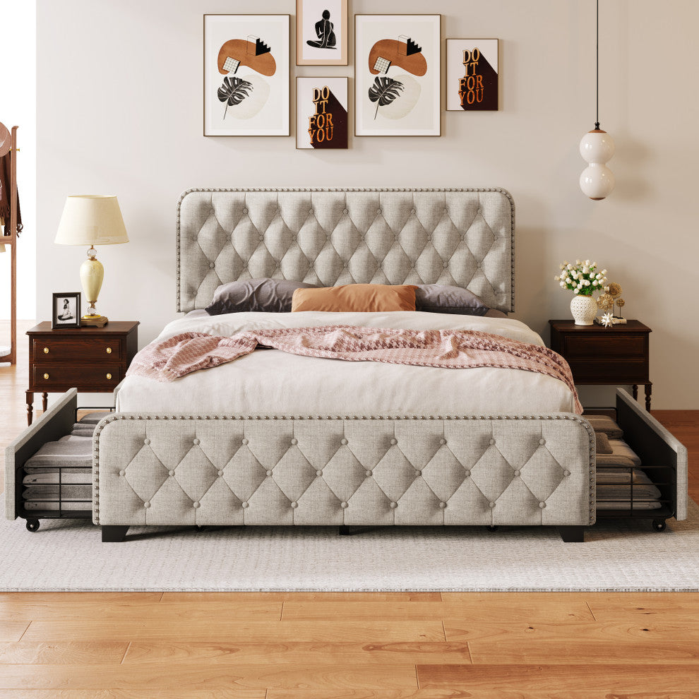 Metal Platform Bed with Headboard, Upholstered and 4-Drawer, Beige, 84.6" X 64.6"
