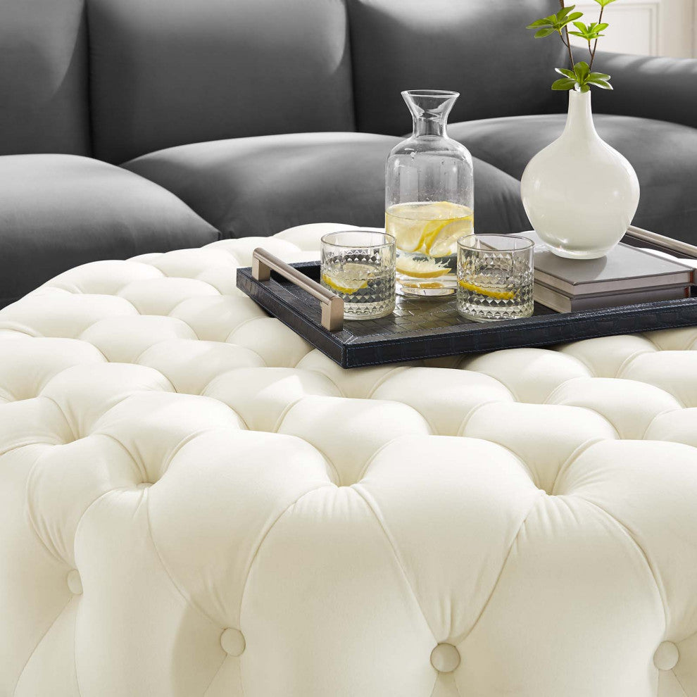 Round Ottoman Accent Tufted Chair, Ivory White, Velvet, Modern, Hospitality