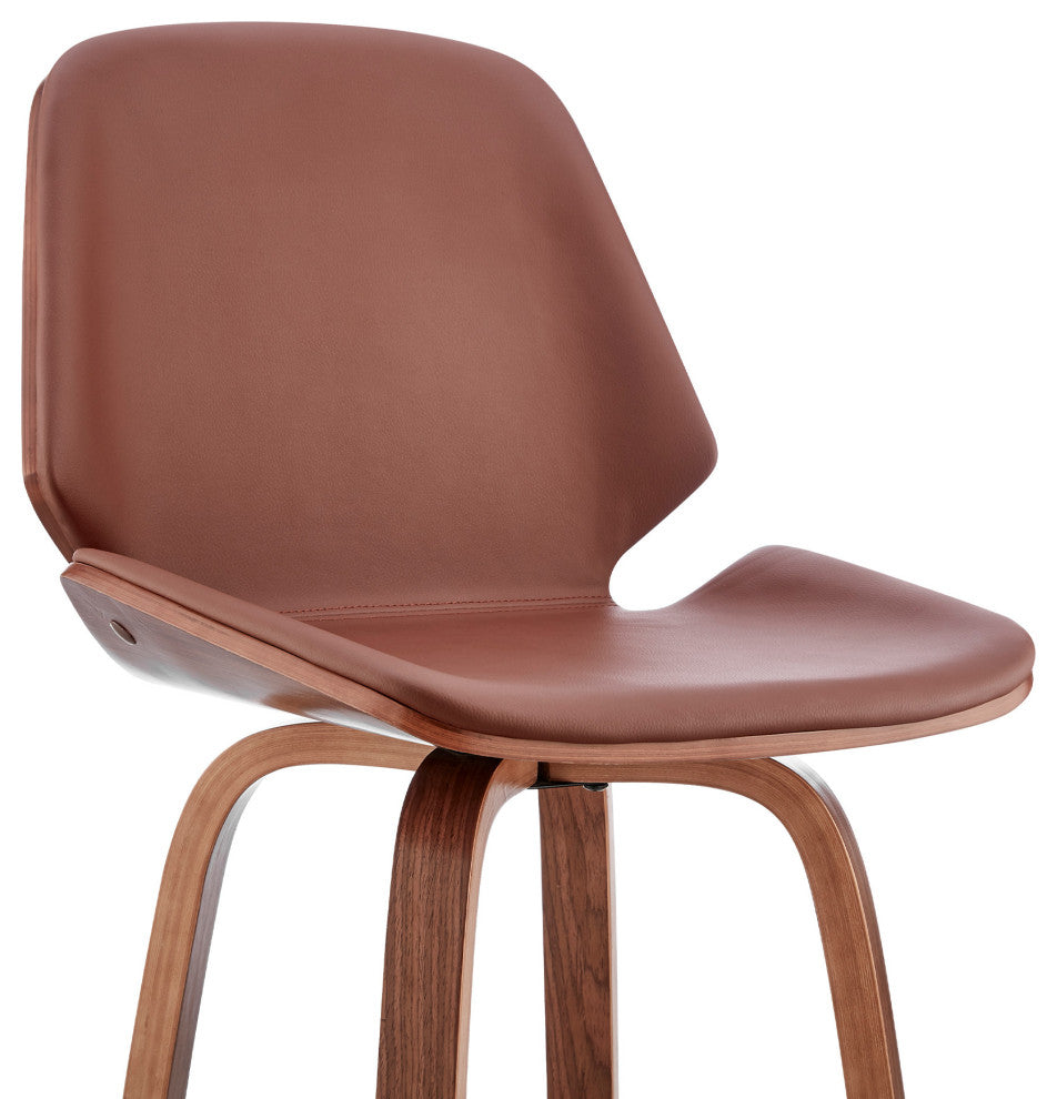 26" Brown Faux Leather Swivel Seat Wooden Bar Stool