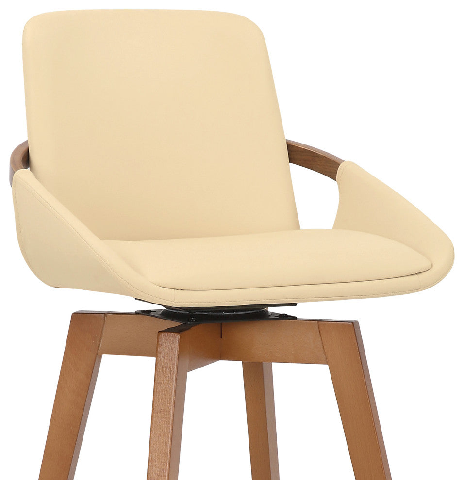 Baylor Swivel Wood Stool, Faux Leather, Cream/Walnut, 26" Counter Height