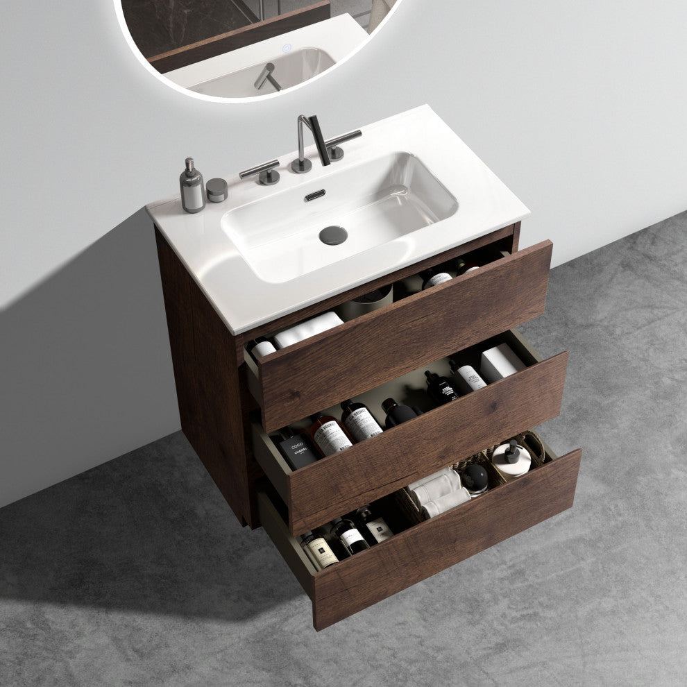 Freestanding Bathroom Vanity Set with White Ceramic Sink Basin, Walnut, 30"