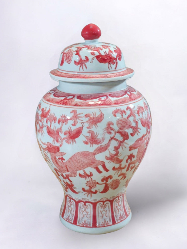 17" Porcelain Ginger Jar With Chinoiserie Deer Design