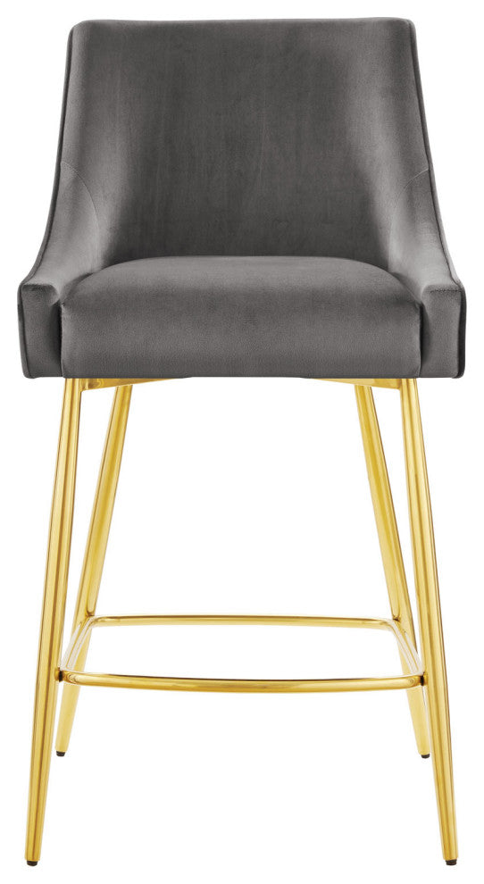 Counter Stool Chair, Set of 2, Gray, Velvet, Modern, Mid Century Lounge