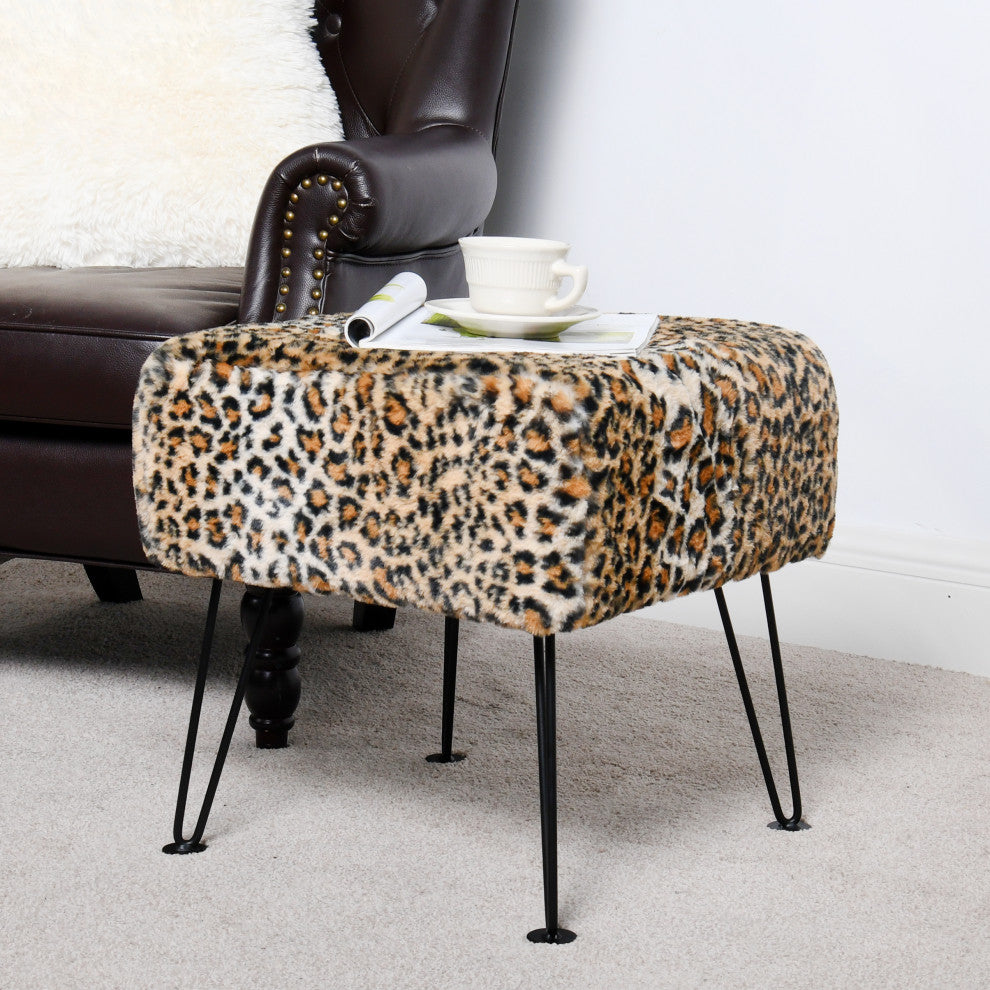 Leopard Faux Fur Ottoman, 17''x17''x17''