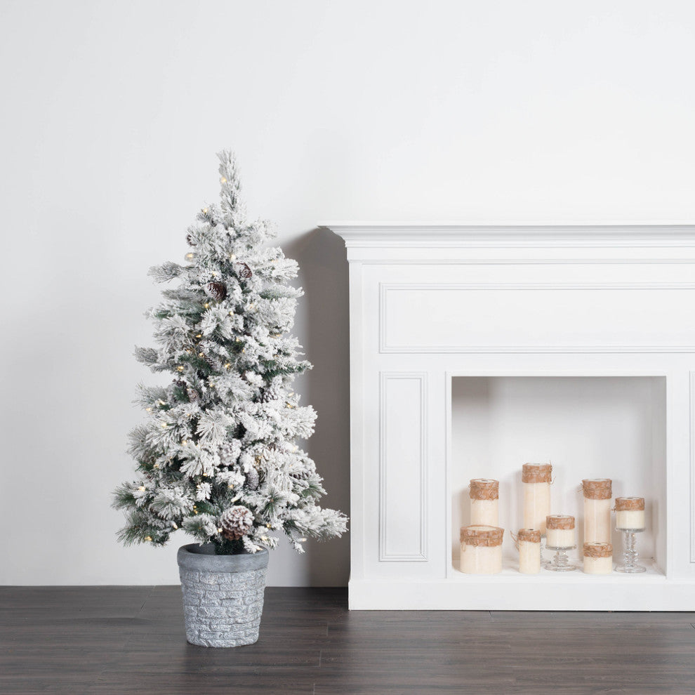 Vickerman B160251Led 5' Potted Flocked Pine Christmas Tree, Warm White Lights