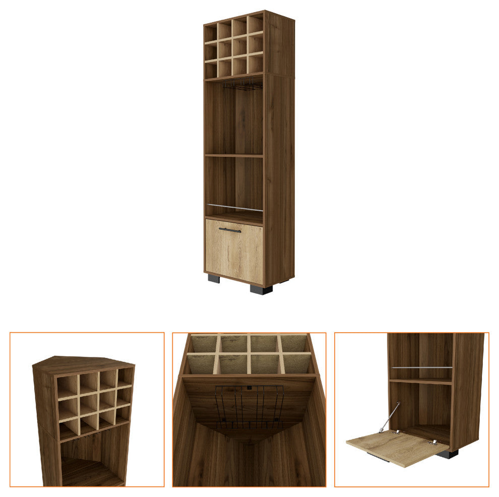 Aubree Corner Bar Cabinet with 12 Wine Cubbies, Mahogany/ Macadamia