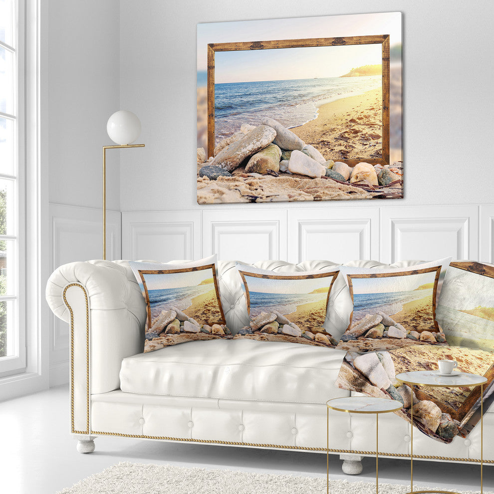 Framed Effect Beach Rocks Seashore Throw Pillow, 16"x16"