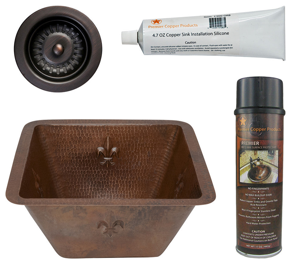 15" Square Fleur De Lis Copper Bar/Prep Sink, 3.5" Drain Opening