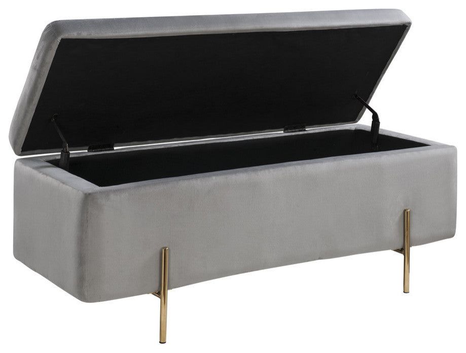 Emma Velvet Storage Bench With Metal Legs, Gray