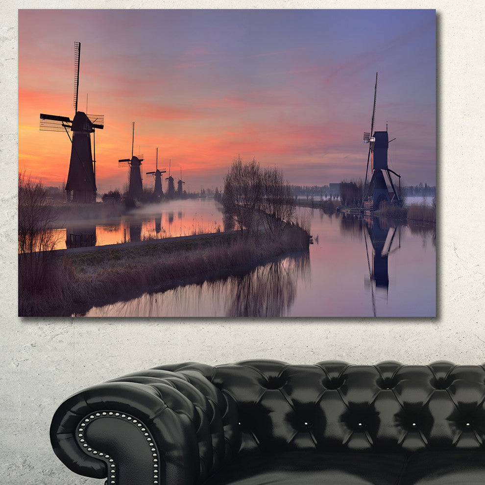 Windmills at Sunrise Panorama, Landscape Canvas Art Print, 60x40