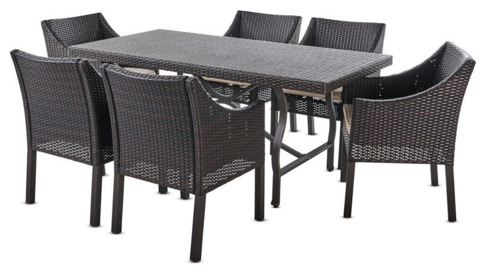 GDF Studio 7-Piece Azore Outdoor Wicker Dining Set With Aluminum Dining Table