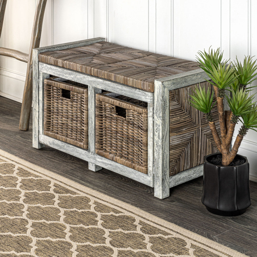 Happimess Rustic 30" 2 Drawer Wicker Storage Bench, Gray