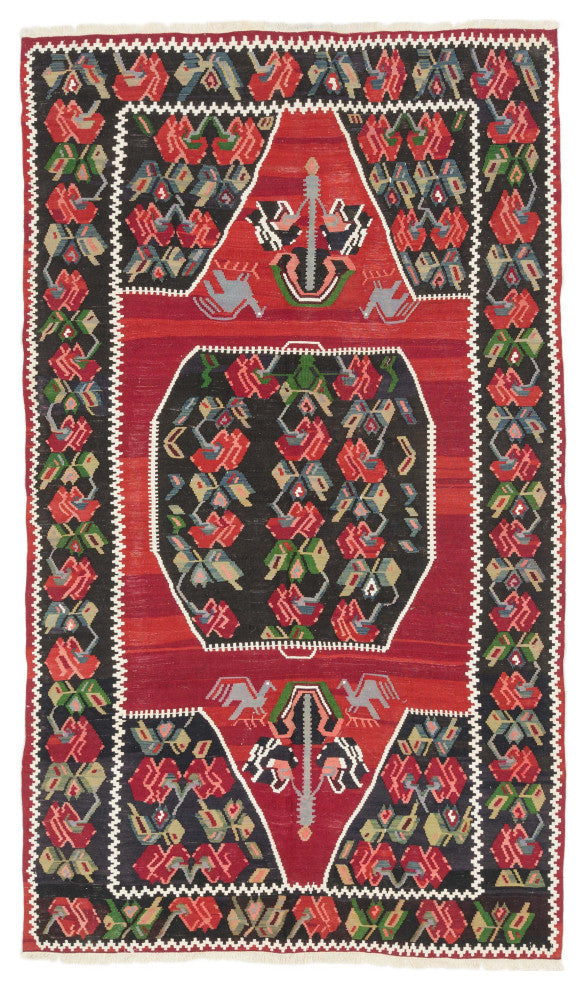 Red, Black Vintage Karabakh Kilim Rug 4' 4" x 7' 5", 52 in. x 89 in.