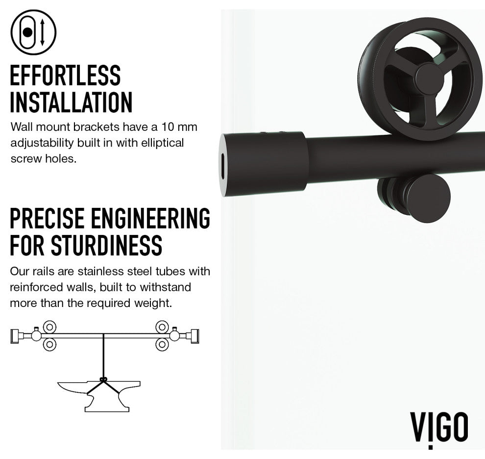 VIGO Elan Cass Aerodynamic 56" to 60" W x 76" H Frameless Sliding Shower Door, Matte Black, Clear Glass