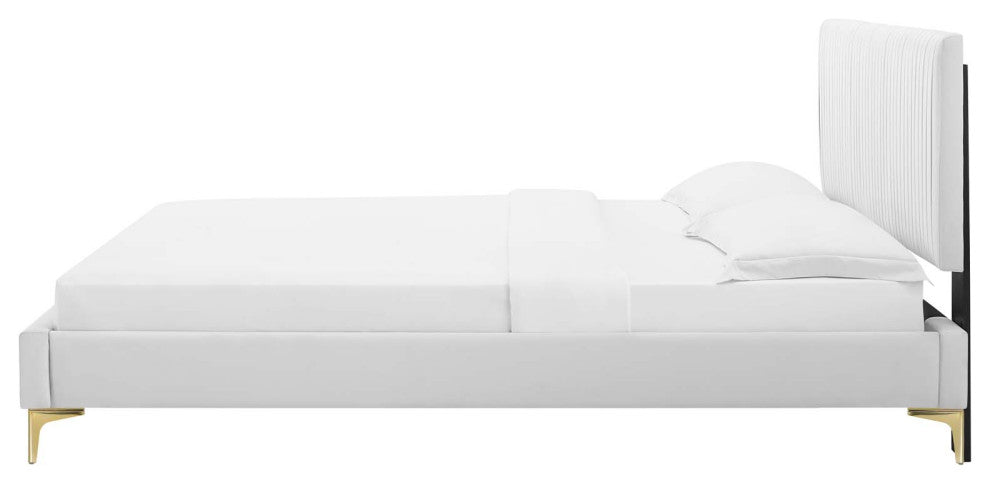 Platform Bed Frame, Queen Size, Velvet, White, Modern Contemporary, Bedroom