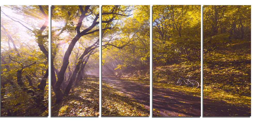 Bicycle Ride in Fall Forest, Landscape Canvas Art Print, 60"x28", 5 Panels