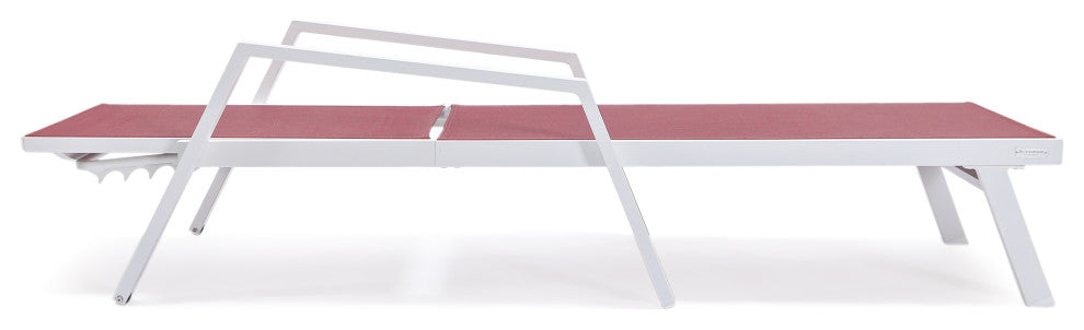 LeisureMod Marlin Patio Chaise Lounge Chair With Arms White Frame, Burgundy