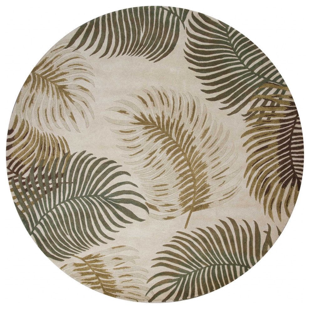 HomeRoots 8' Natural Beige Hand Tufted Tropical Leaves Round Indoor Area Rug