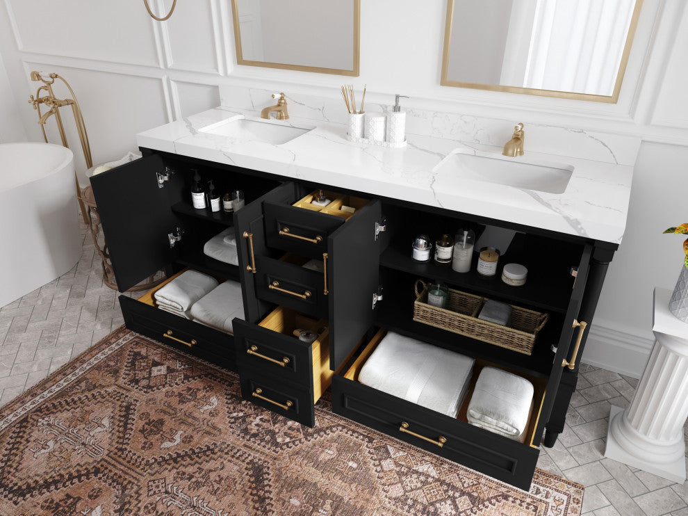 Aberdeen 72 Double Sink Bath Vanity In Black 2" Calacatta Gold