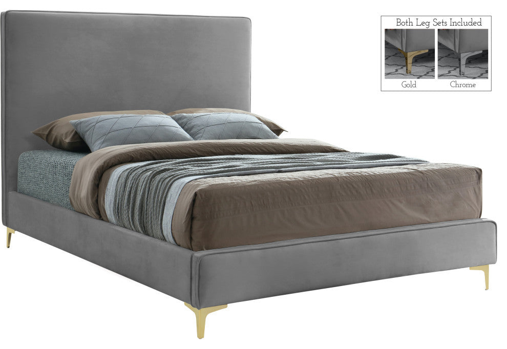 Geri Velvet Upholstered Bed, Gray, Queen