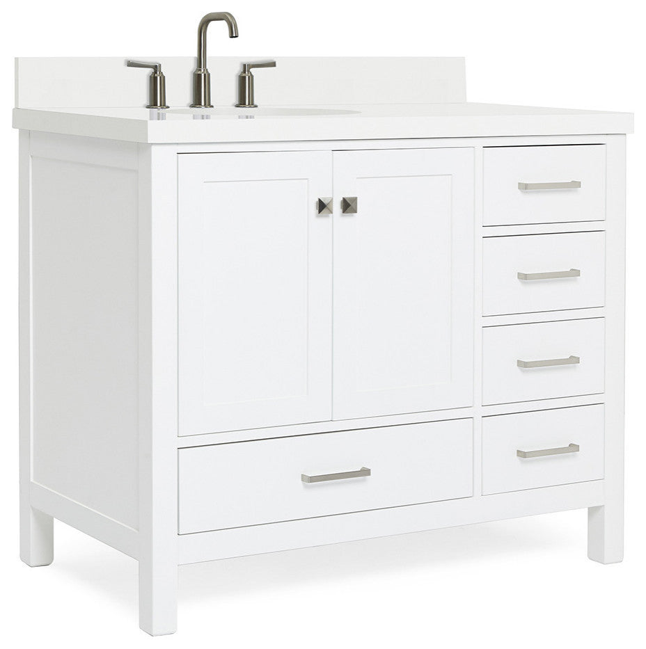 ARIEL Cambridge 43" Left Offset Oval Sink Bathroom Vanity White With Quartz Top