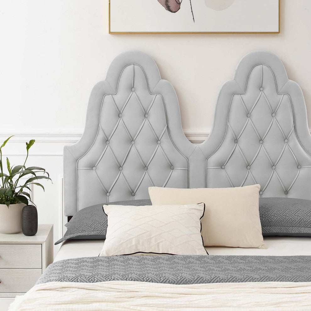 Tufted Platform Bed Frame, Twin Size, Velvet, Gray, Modern Contemporary