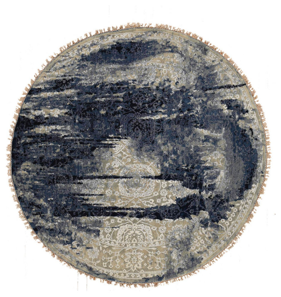 Millennium Blue Wool Silk Shibori Design Hand Knotted Round Rug 7'10" x 7'10"